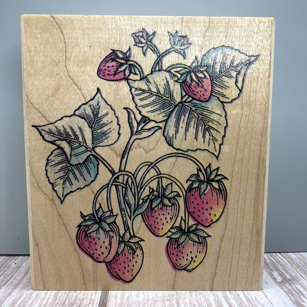Rubber Stampede Strawberries On Vine Strawberry Plant Wood Mounted Rubber Stamp